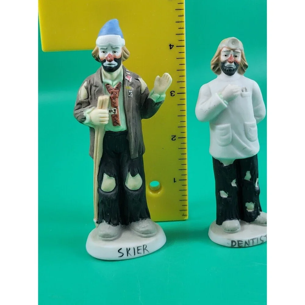 LOT of 2 Vintage Clowns Ceramic Emmett Kelly Jr Hobo Ornaments Dentist Skiier